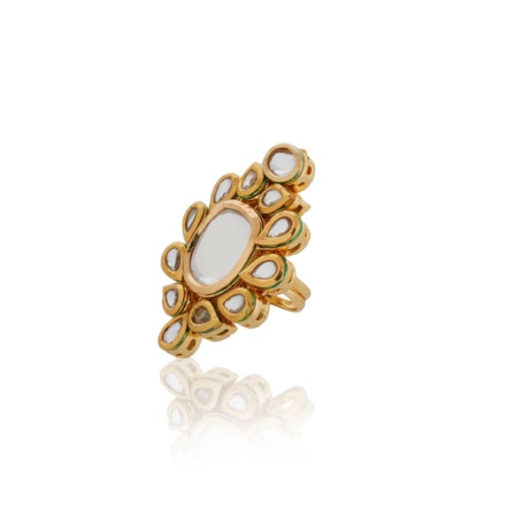 KUNDAN-STUDDED FINGER RING FEATURES INTRICATE KUNDAN STONES SET IN A DETAILED DESIGN.