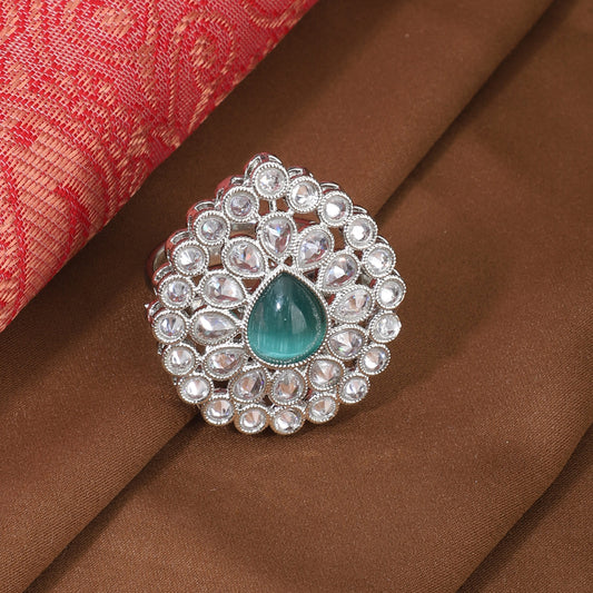 WHITE KUNDANS AND TURQUOISE -COLOURED STONE STUDDED FINGER RING