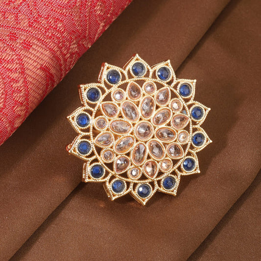 KUNDANS AND  BLUE STONE STUDDED FINGER RING FEATURES  DETAILED DESIGN.