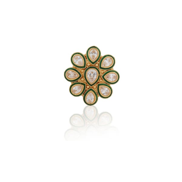 KUNDAN-STUDDED FINGER RING WITH GREEN -COLORED LINNING