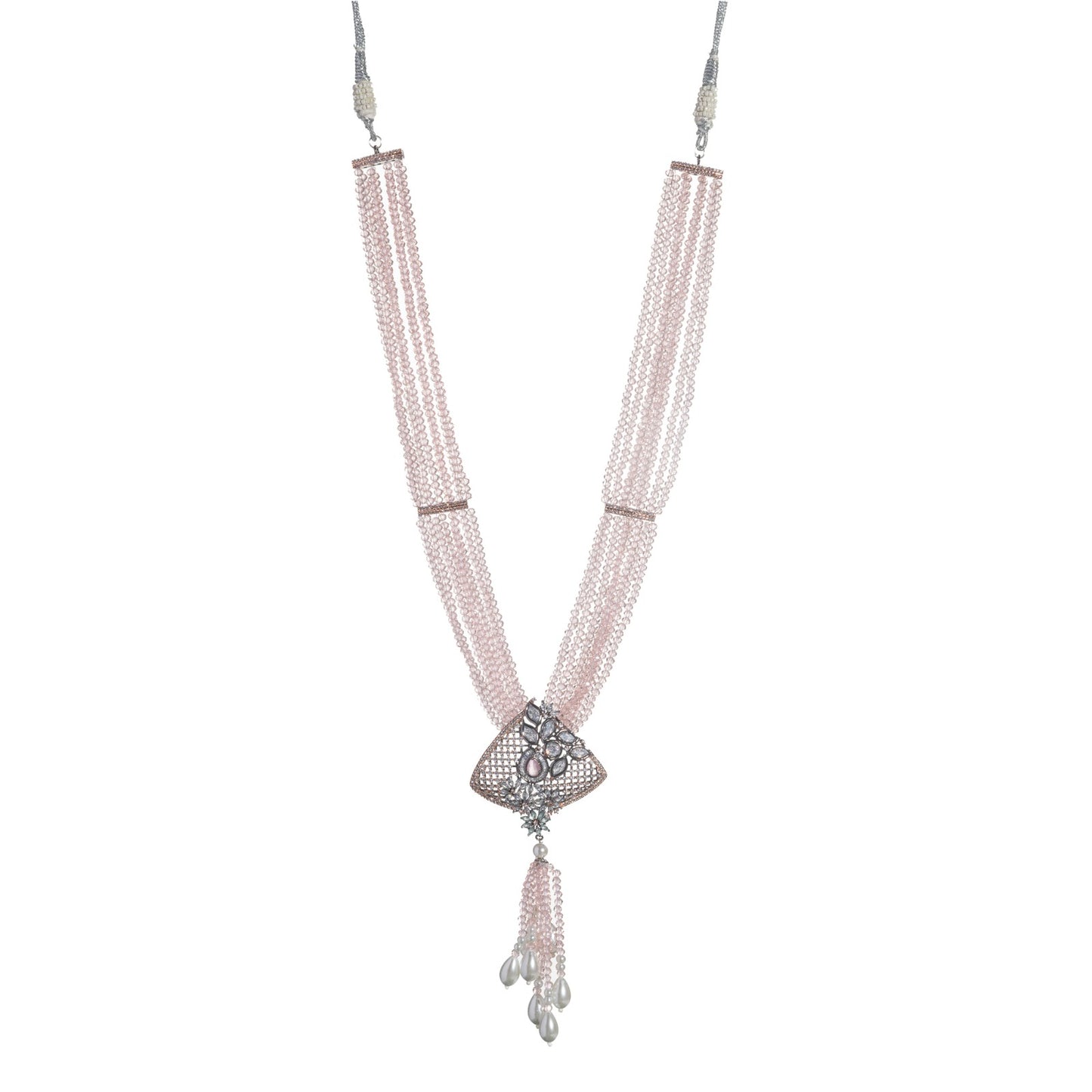 A PINK PEARL AND ZIRCON LONG NECKLACE OFFERS A DELICATE, RADIANT TOUCH.