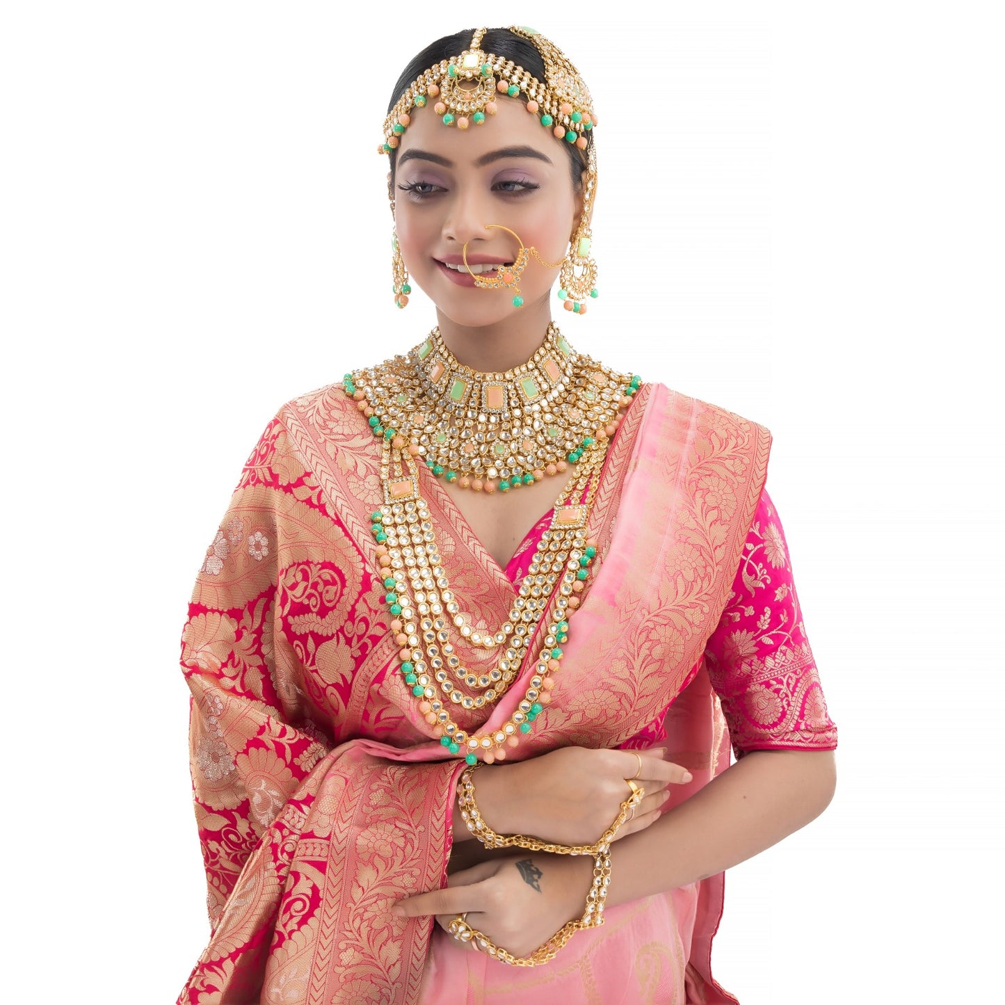 OOPULENT BRIDAL SET FEATURING KUNDAN AND MULTICOLORED PEARLS, INCLUDING EARRINGS, CHOKER, LONG NECKLACE, MAANG TIKKA, AND FINGER RING