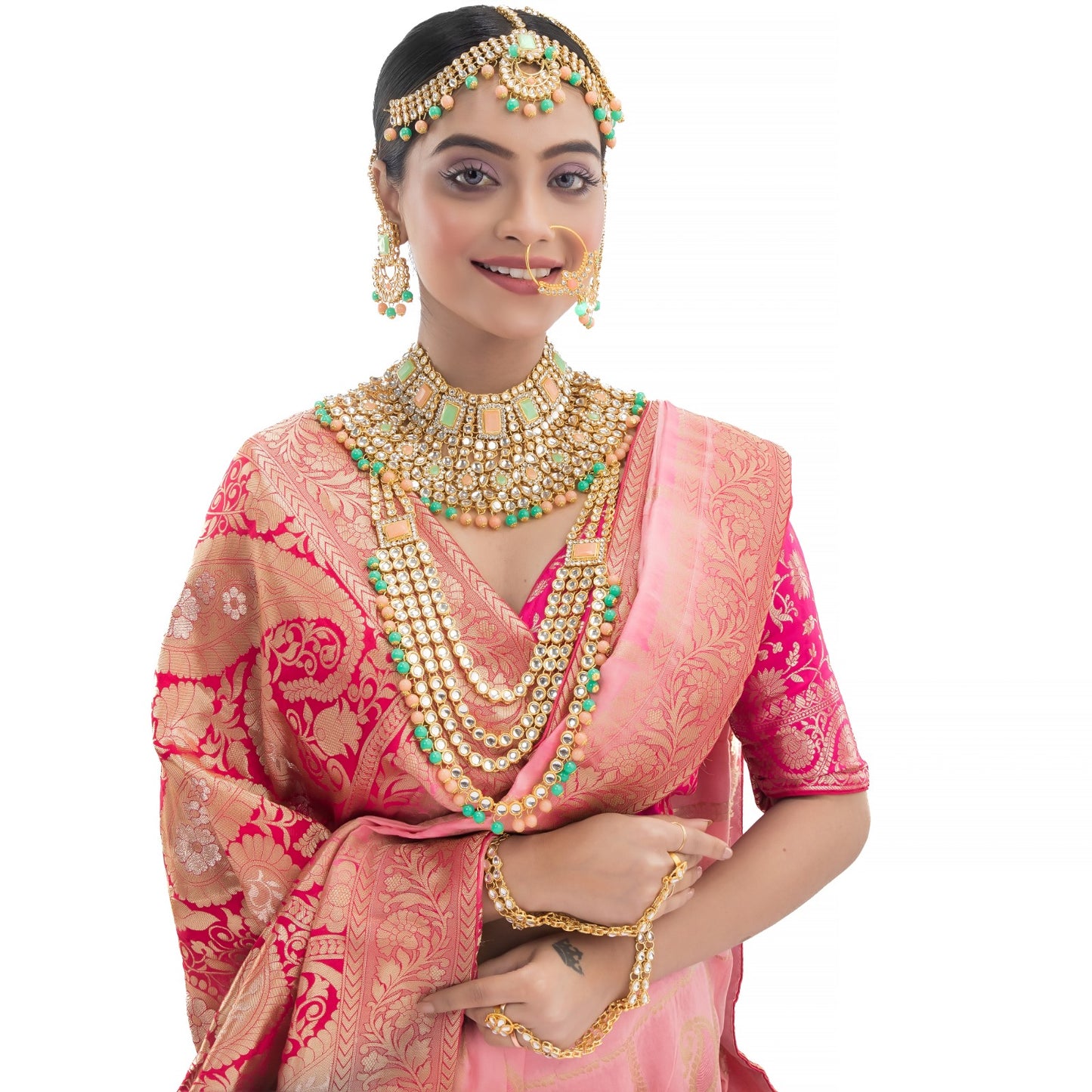 OOPULENT BRIDAL SET FEATURING KUNDAN AND MULTICOLORED PEARLS, INCLUDING EARRINGS, CHOKER, LONG NECKLACE, MAANG TIKKA, AND FINGER RING