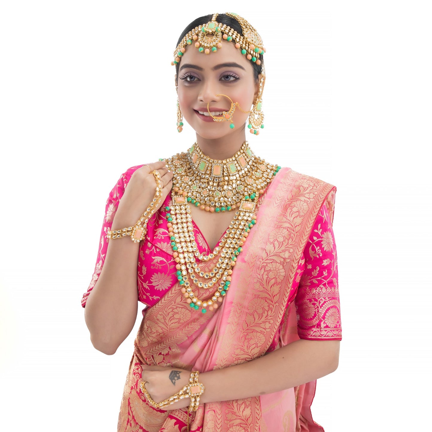 OOPULENT BRIDAL SET FEATURING KUNDAN AND MULTICOLORED PEARLS, INCLUDING EARRINGS, CHOKER, LONG NECKLACE, MAANG TIKKA, AND FINGER RING