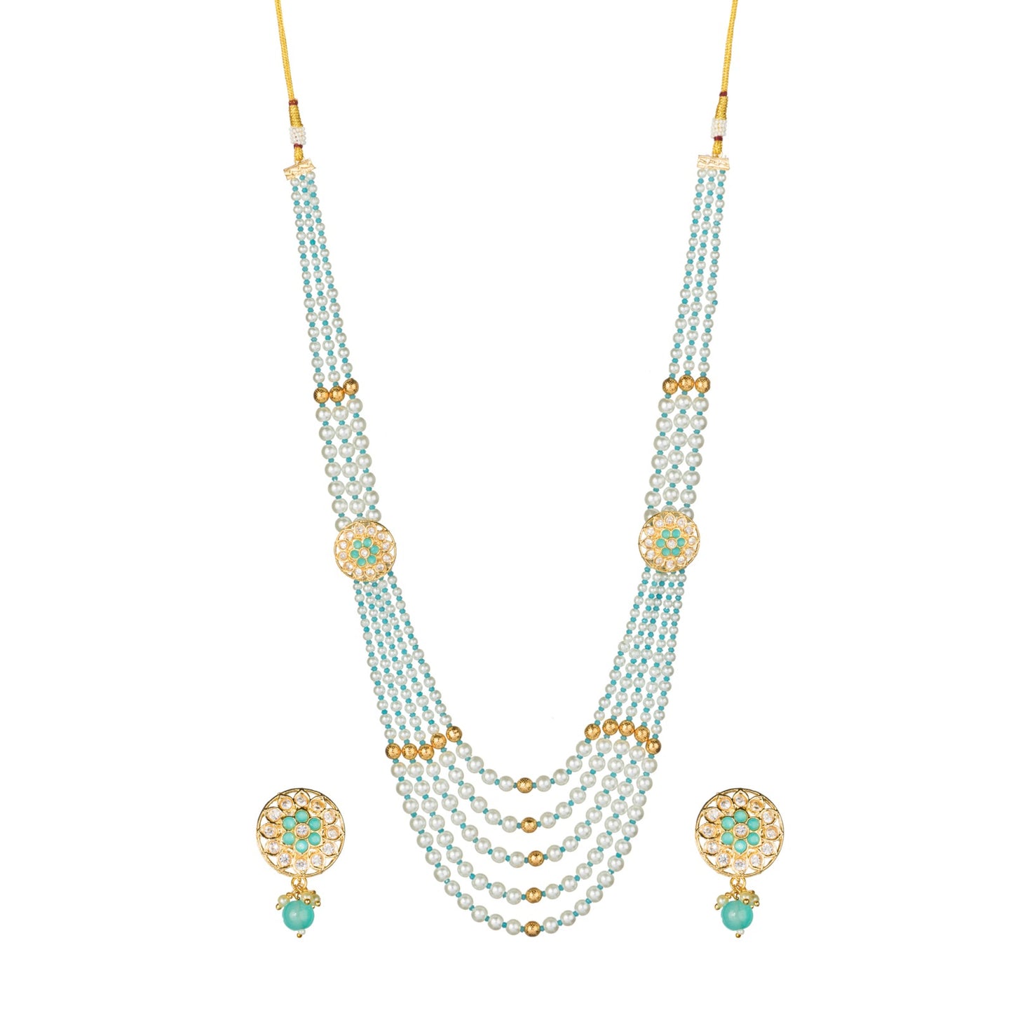 GRACEFUL LONG NECKLACE SET STUDDED WITH PEARLS AND KUNDAN STONES.