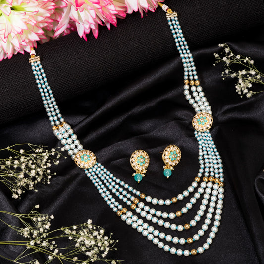 GRACEFUL LONG NECKLACE SET STUDDED WITH PEARLS AND KUNDAN STONES.