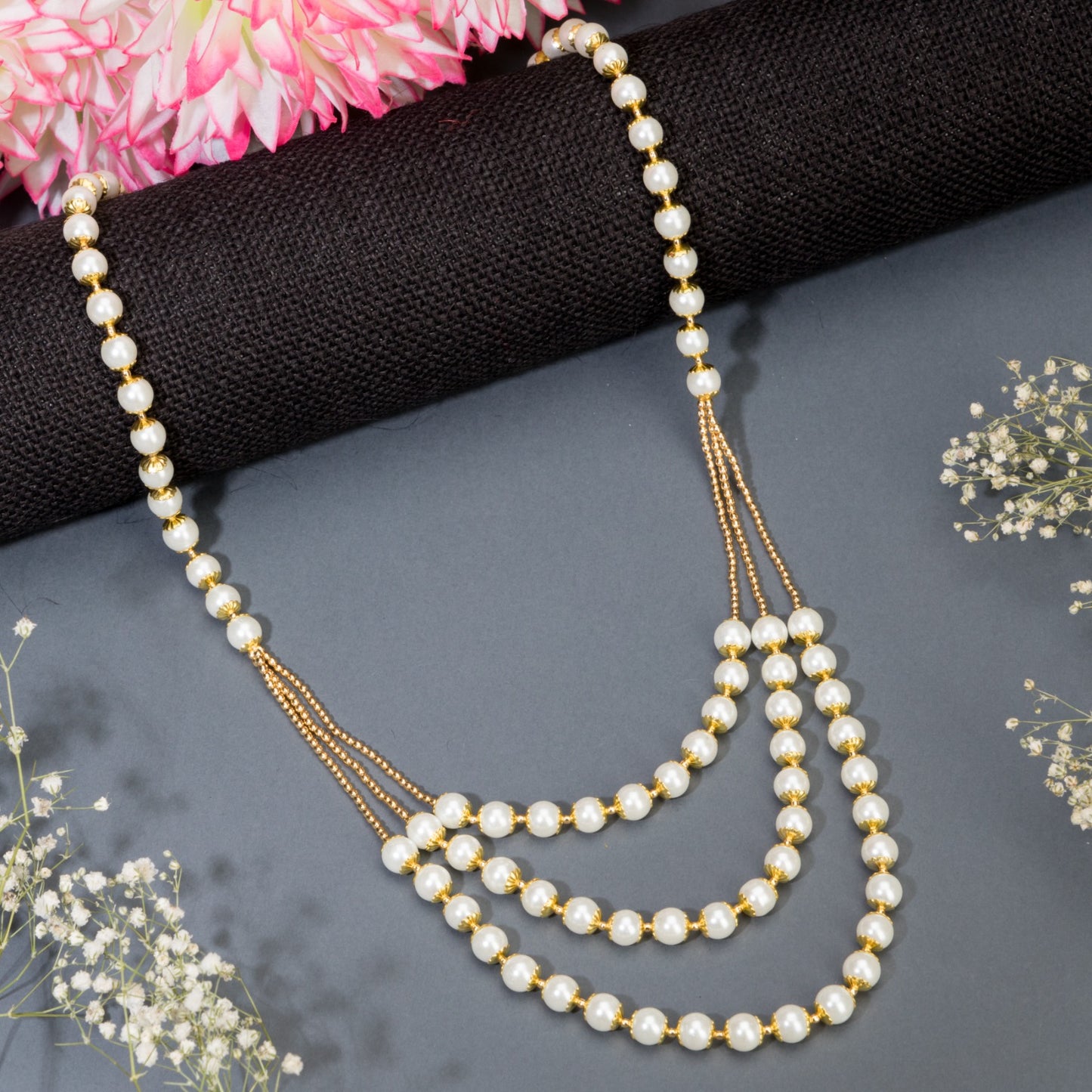 GRACEFUL LONG NECKLACE SET STUDDED WITH WHITE PEARLS