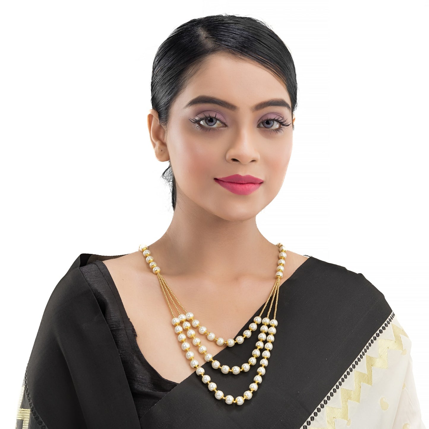 GRACEFUL LONG NECKLACE SET STUDDED WITH WHITE PEARLS