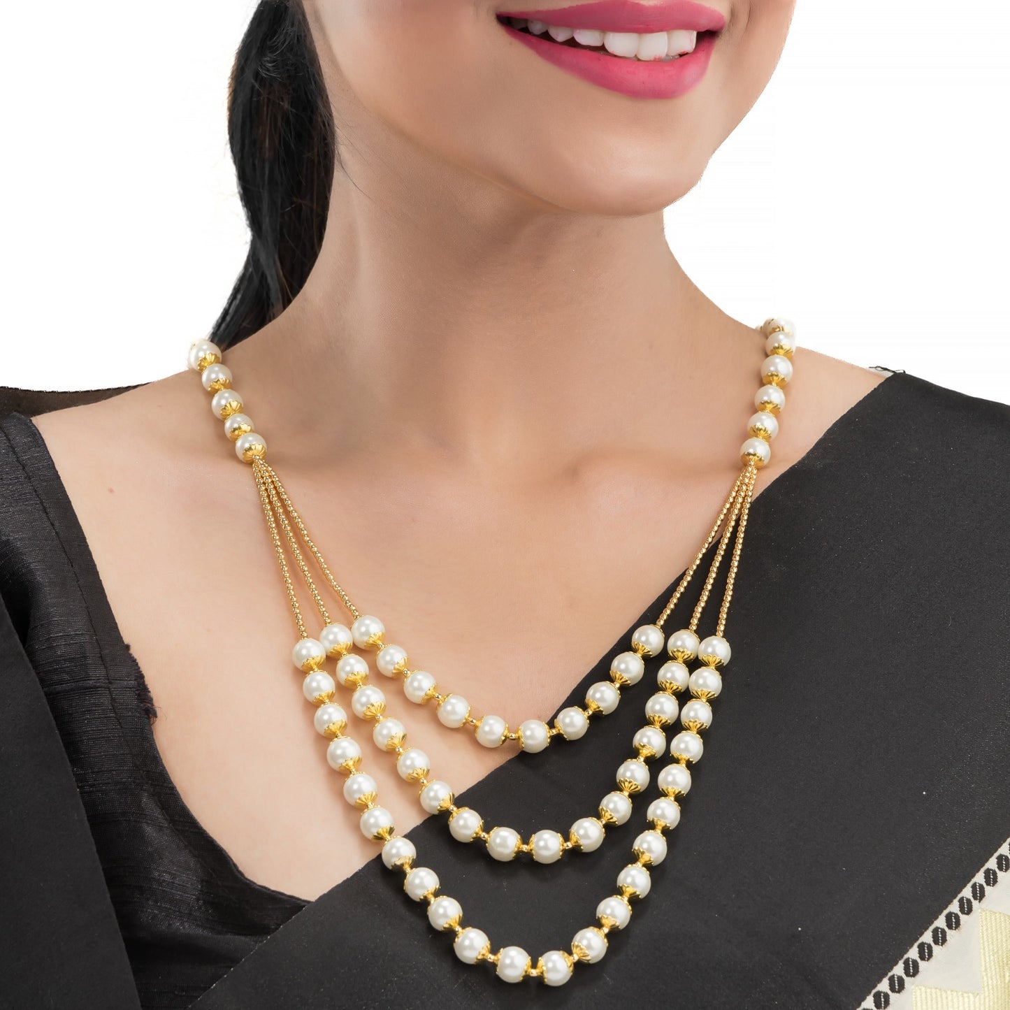 GRACEFUL LONG NECKLACE SET STUDDED WITH WHITE PEARLS