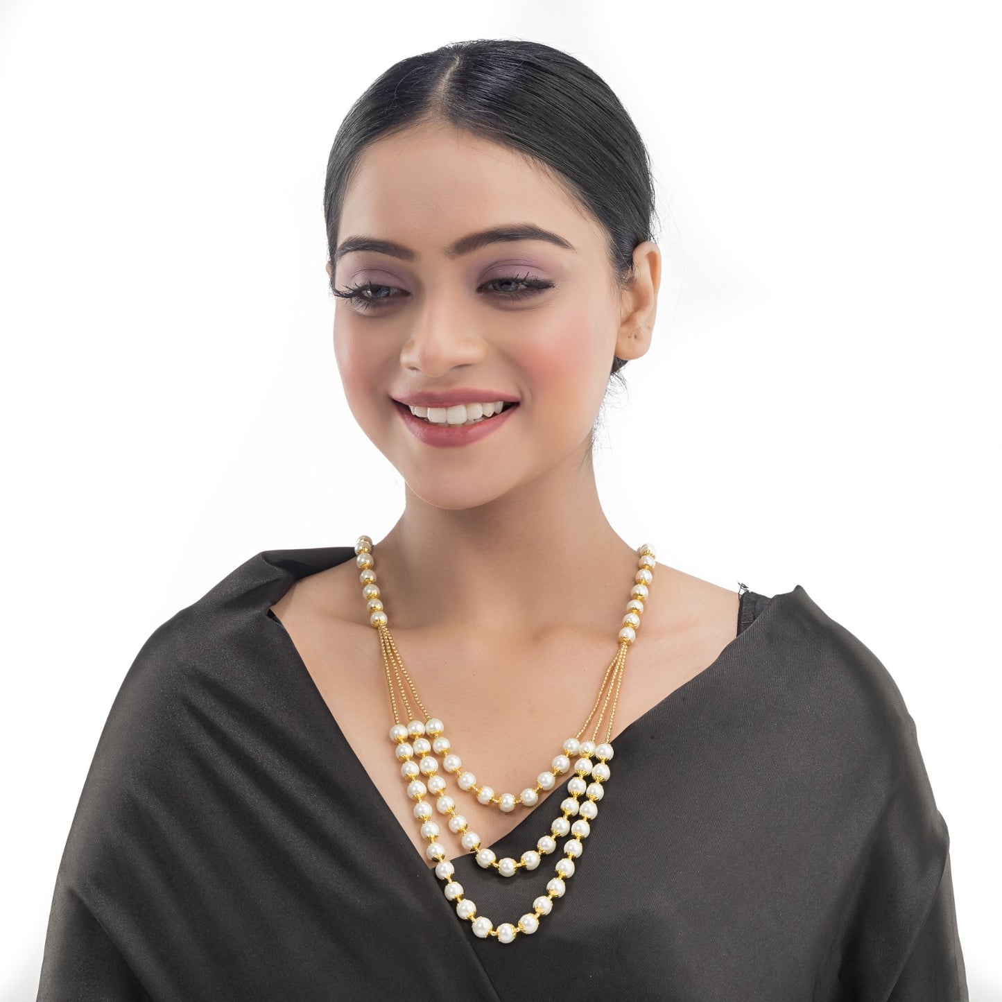 GRACEFUL LONG NECKLACE SET STUDDED WITH WHITE PEARLS