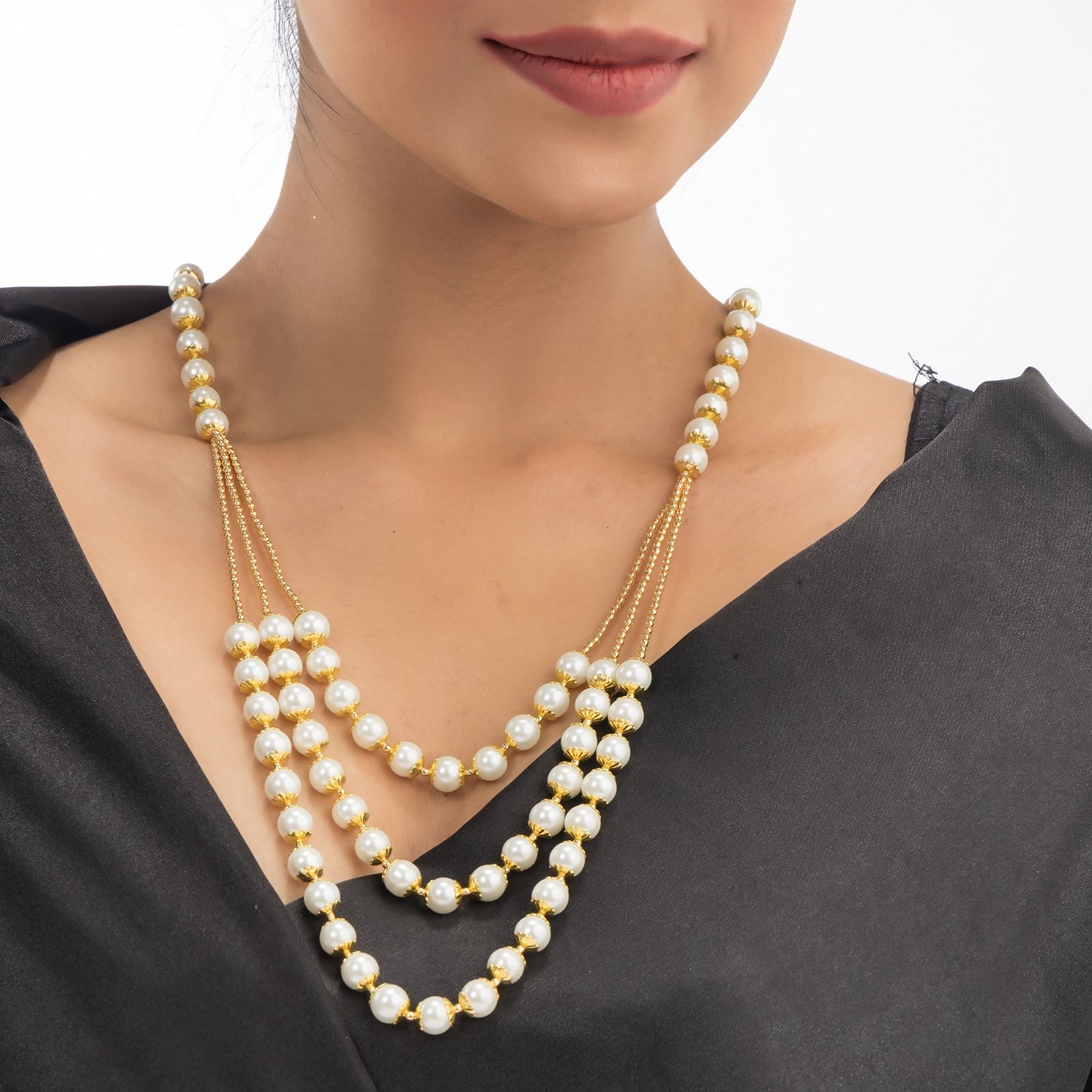 GRACEFUL LONG NECKLACE SET STUDDED WITH WHITE PEARLS