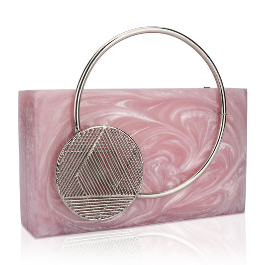 ELEVATE YOUR ENSEMBLE WITH THIS STUNNING PINK RESIN CLUTCH, FEATURING AN EXQUISITE HANDLE THAT ADDS A TOUCH OF ELEGANCE.