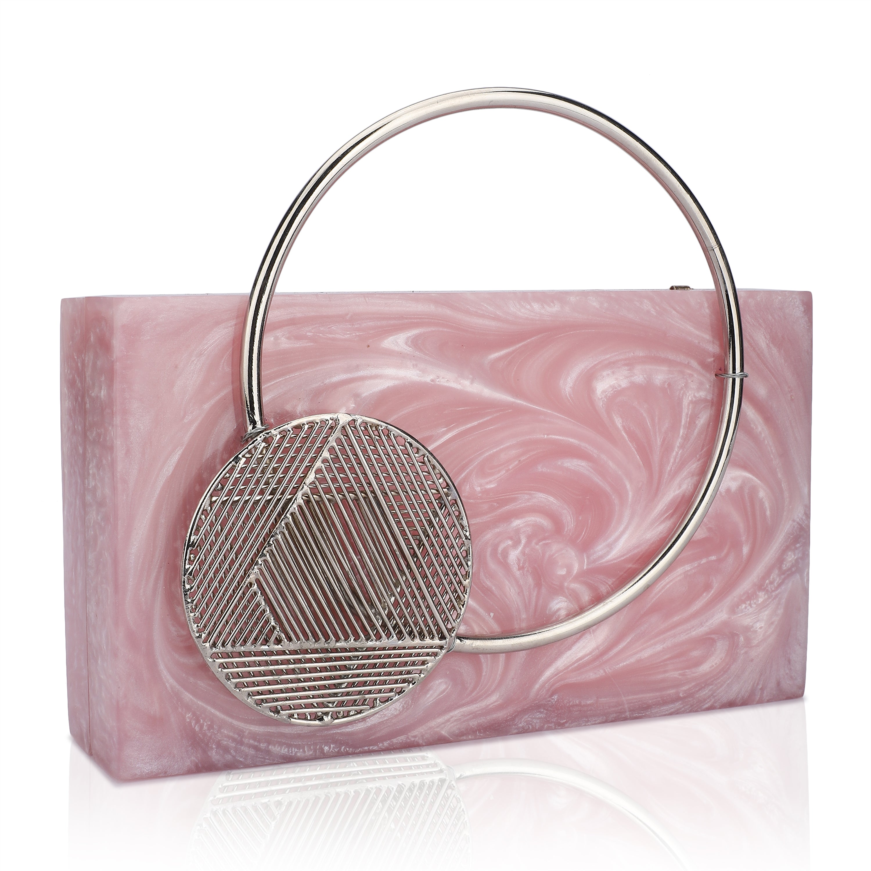 Elegant pink resin clutch with exquisite handle, perfect for elevating your party ensemble.
