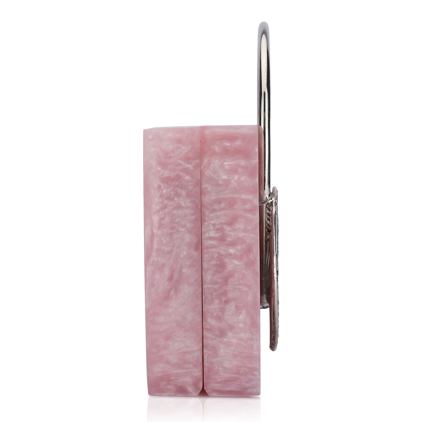 ELEVATE YOUR ENSEMBLE WITH THIS STUNNING PINK RESIN CLUTCH, FEATURING AN EXQUISITE HANDLE THAT ADDS A TOUCH OF ELEGANCE.