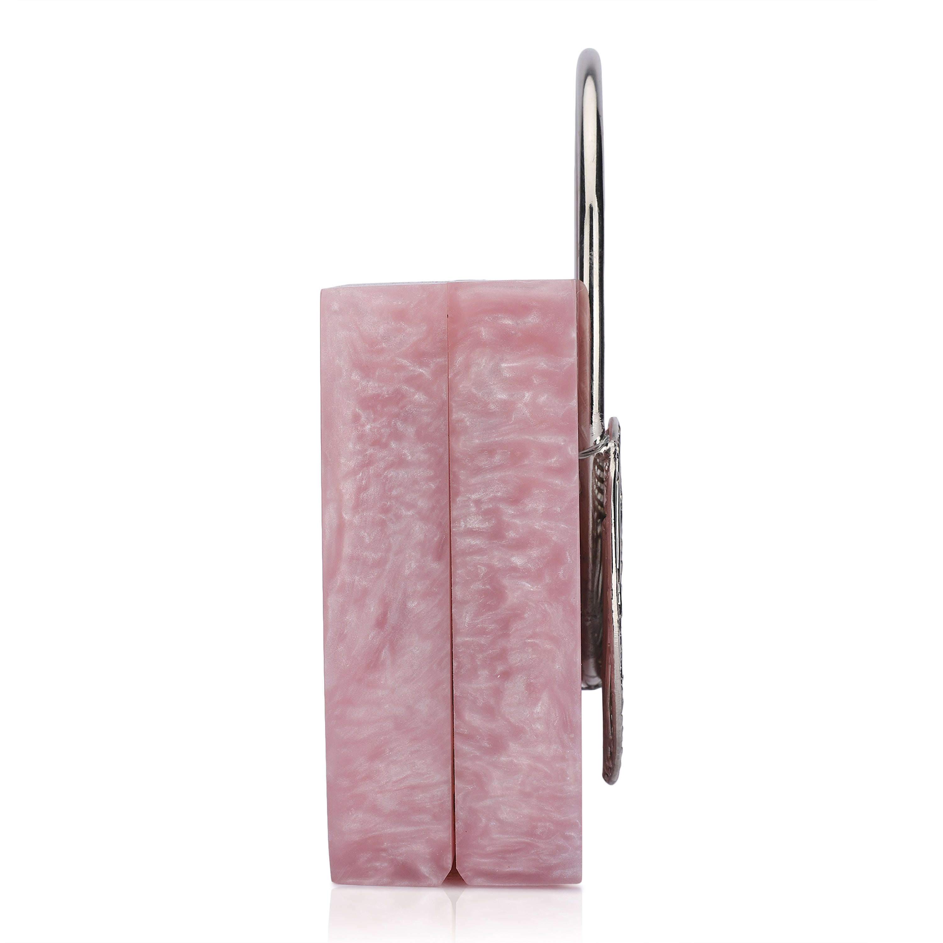 Elegant pink resin clutch with exquisite handle, perfect for elevating your party ensemble.
