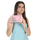 Elegant pink resin clutch with exquisite handle, perfect for elevating your party ensemble.
