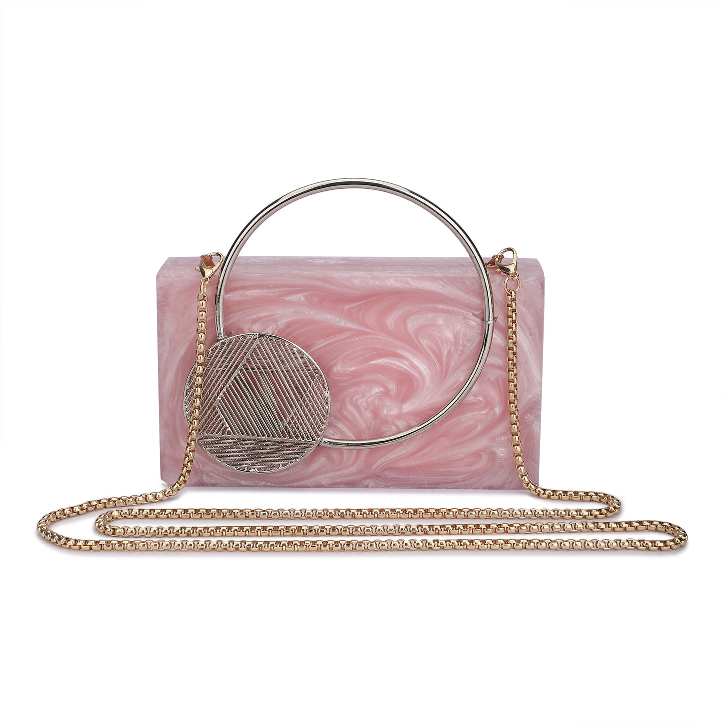 ELEVATE YOUR ENSEMBLE WITH THIS STUNNING PINK RESIN CLUTCH, FEATURING AN EXQUISITE HANDLE THAT ADDS A TOUCH OF ELEGANCE.