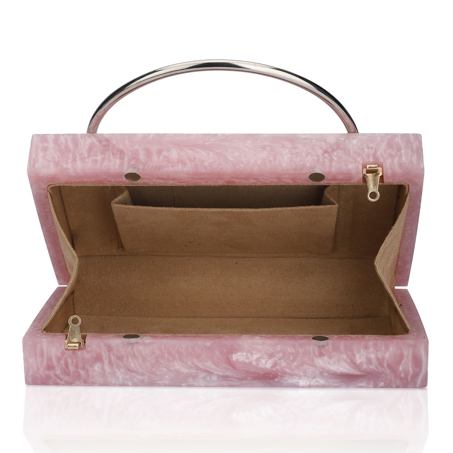 ELEVATE YOUR ENSEMBLE WITH THIS STUNNING PINK RESIN CLUTCH, FEATURING AN EXQUISITE HANDLE THAT ADDS A TOUCH OF ELEGANCE.