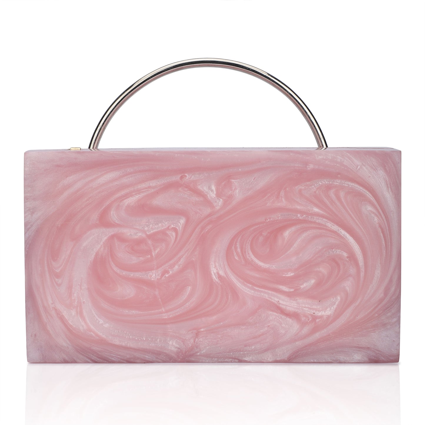 ELEVATE YOUR ENSEMBLE WITH THIS STUNNING PINK RESIN CLUTCH, FEATURING AN EXQUISITE HANDLE THAT ADDS A TOUCH OF ELEGANCE.