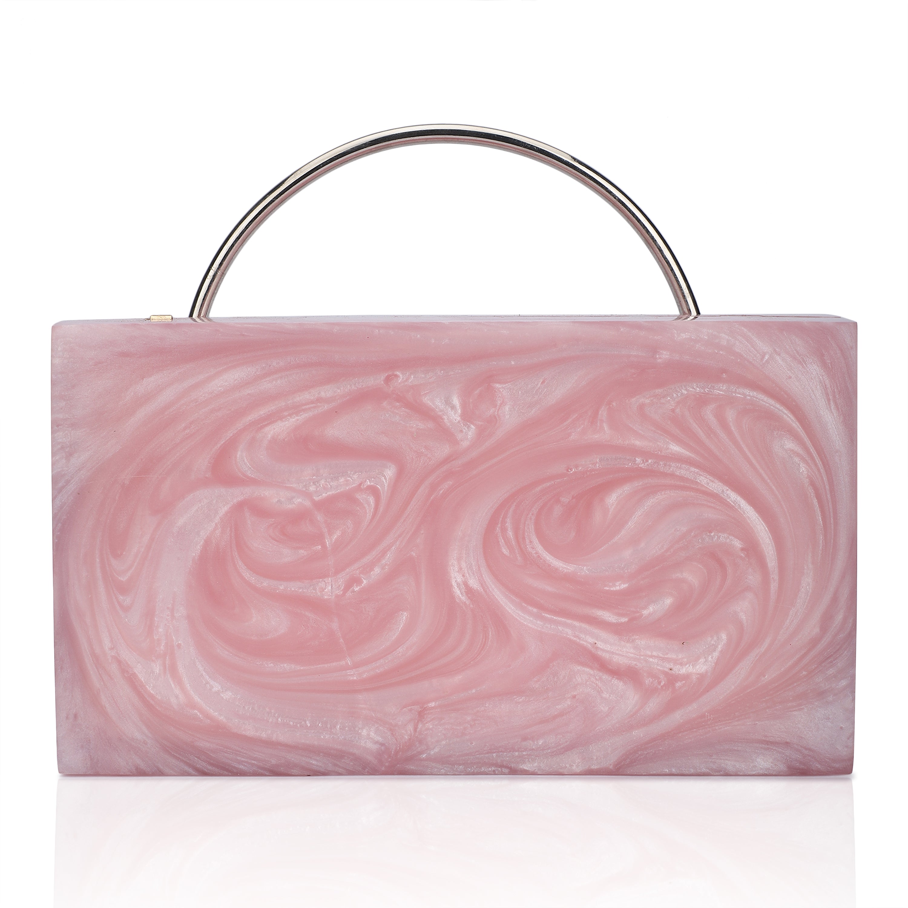 Elegant pink resin clutch with exquisite handle, perfect for elevating your party ensemble.
