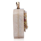  Resin-embellished clutch featuring a pink agate stone, paired with a stylish sling chain.
