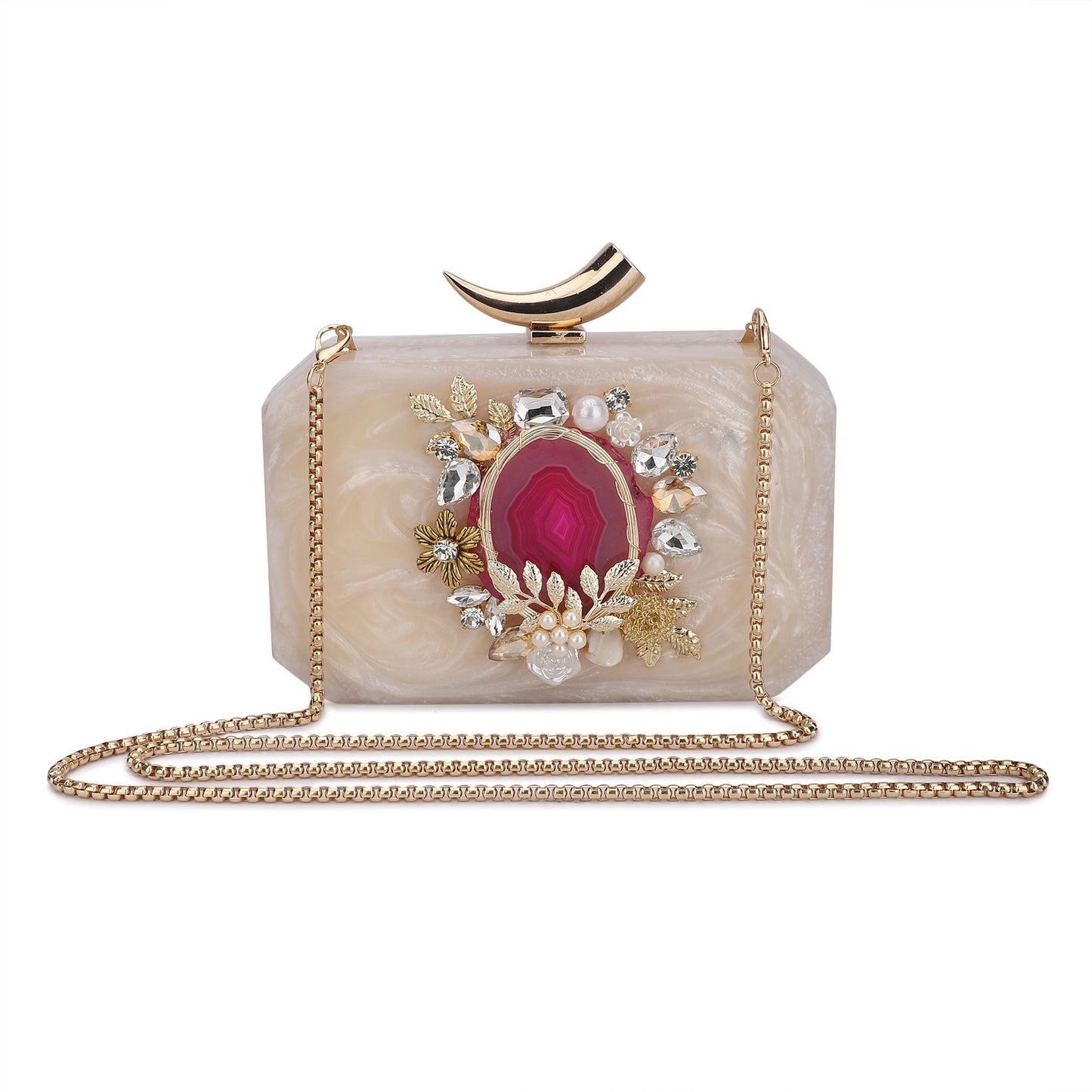 THIS RESIN-EMBELLISHED CLUTCH FEATURES A CAPTIVATING PINK AGATE STONE AT ITS CENTER. PAIRED WITH A STYLISH SLING CHAIN