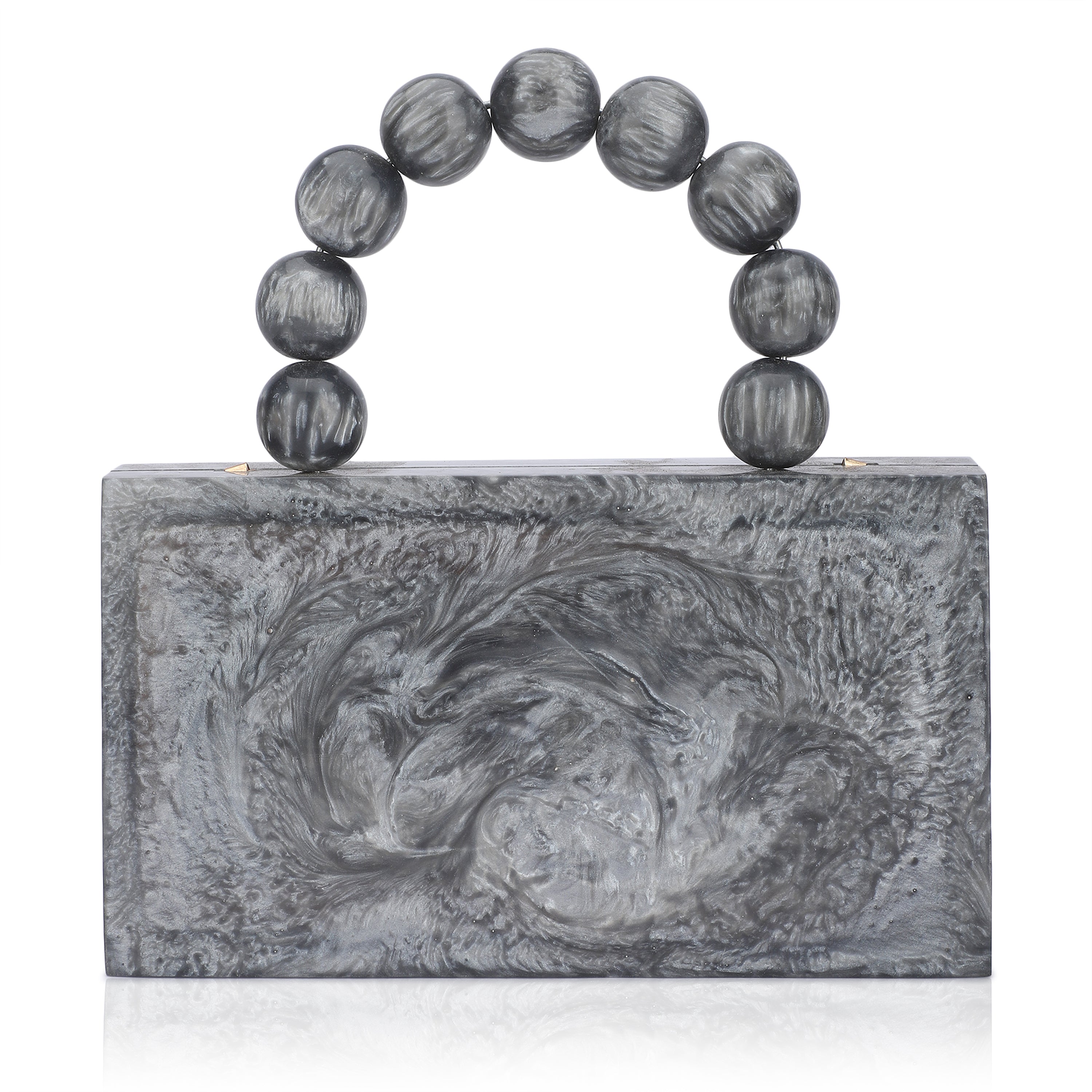 Grey resin clutch with velvet lining, heavy-duty sling, and extra pocket for convenient storage.
