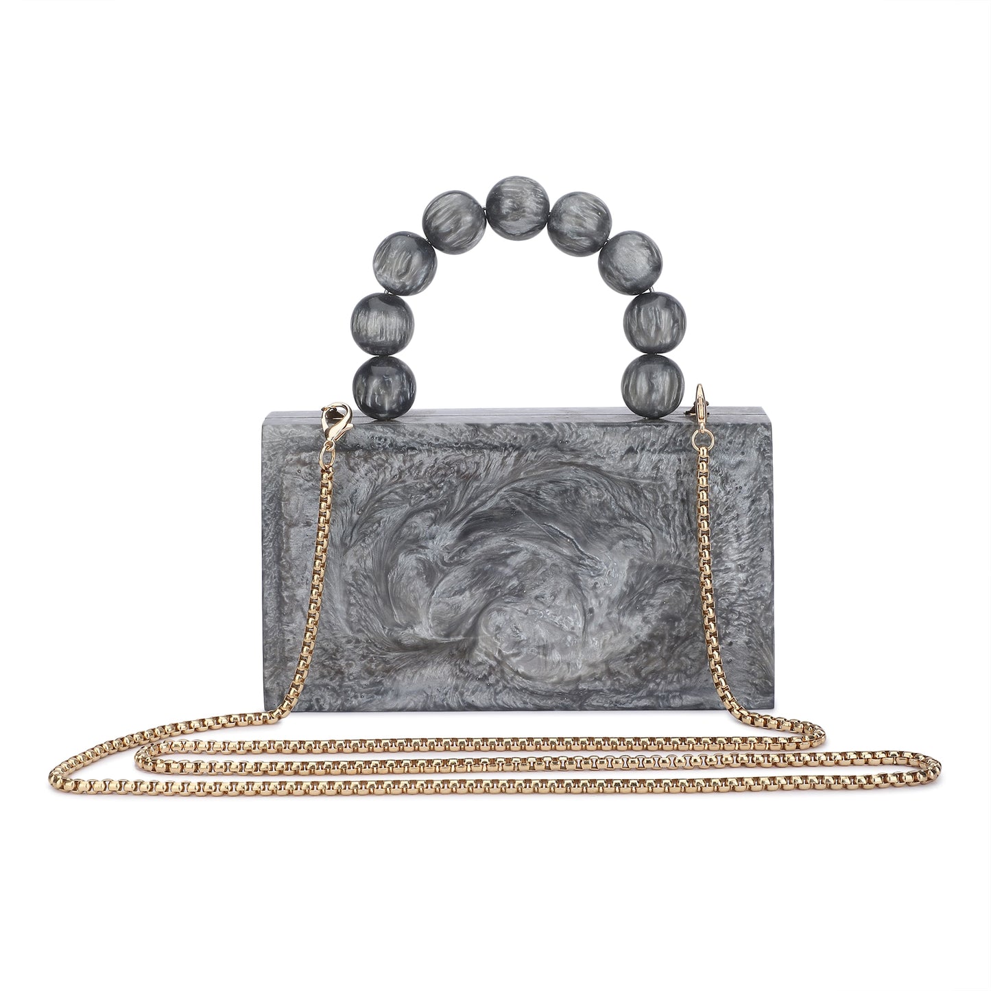 THIS GREY RESIN CLUTCH FEATURES A SOFT VELVET ELASTIC LINING, A HEAVY-DUTY SLING FOR ADDED STYLE, AND AN EXTRA POCKET FOR CONVENIENT STORAGE.