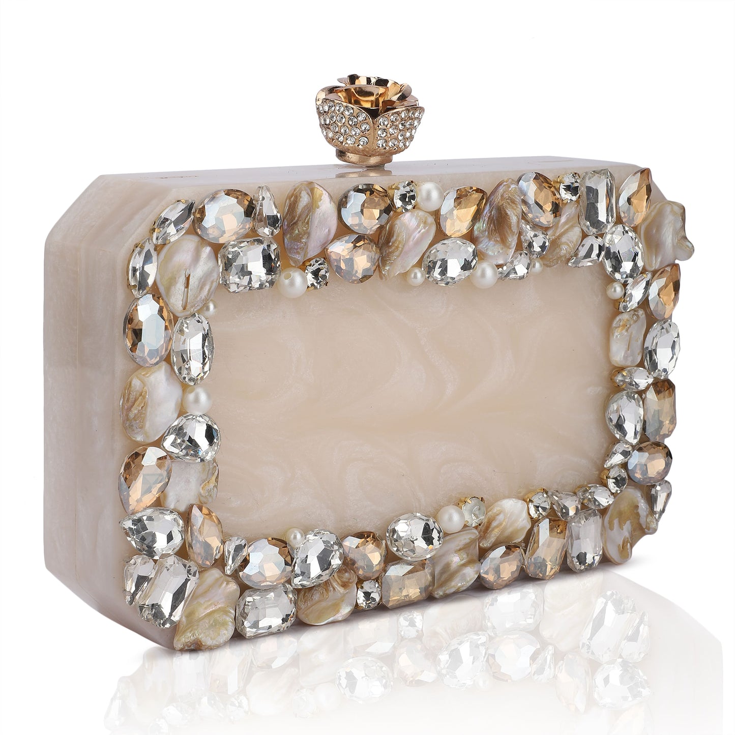 THIS RESIN-EMBELLISHED CLUTCH, FEATURING A DELICATE ROSE KNOB, A STURDY SLING, AND AN EXTRA POCKET FOR ADDED CONVENIENCE.