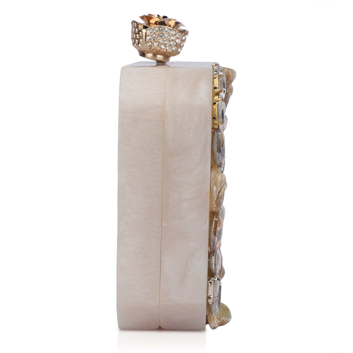 THIS RESIN-EMBELLISHED CLUTCH, FEATURING A DELICATE ROSE KNOB, A STURDY SLING, AND AN EXTRA POCKET FOR ADDED CONVENIENCE.