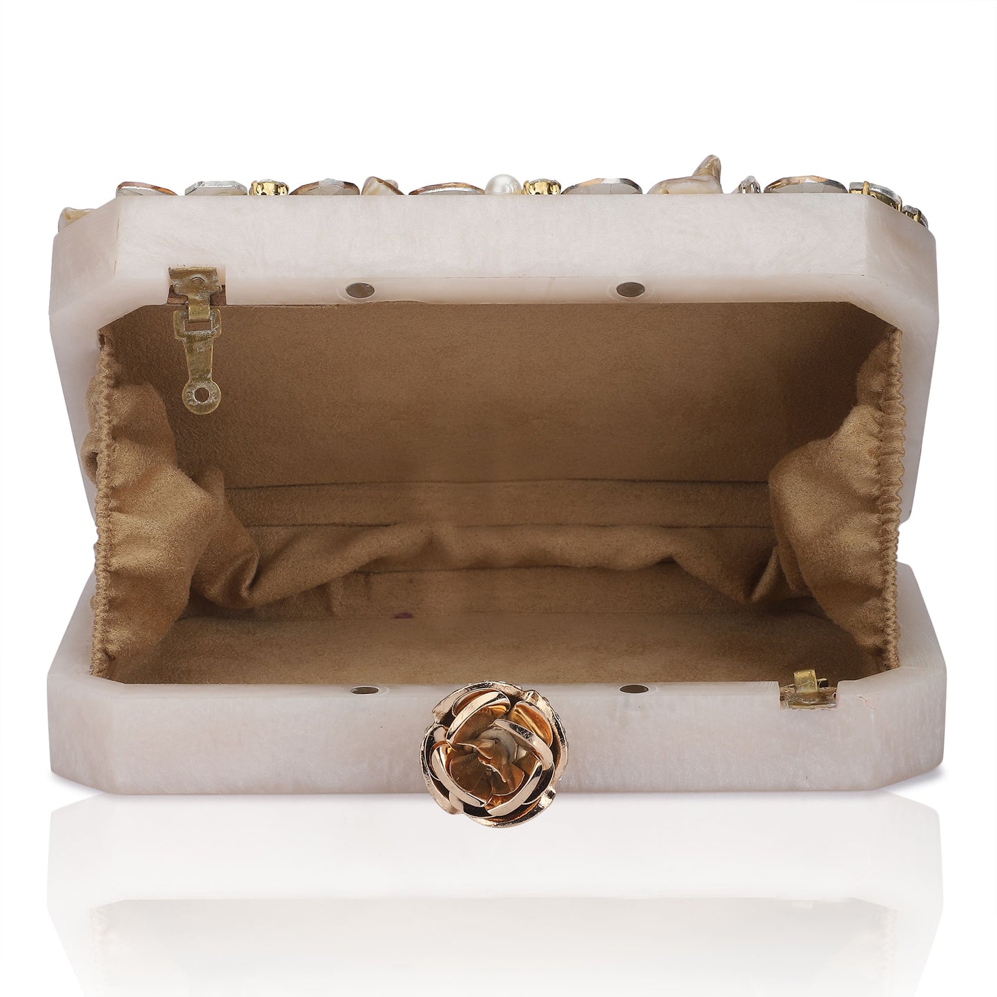 THIS RESIN-EMBELLISHED CLUTCH, FEATURING A DELICATE ROSE KNOB, A STURDY SLING, AND AN EXTRA POCKET FOR ADDED CONVENIENCE.