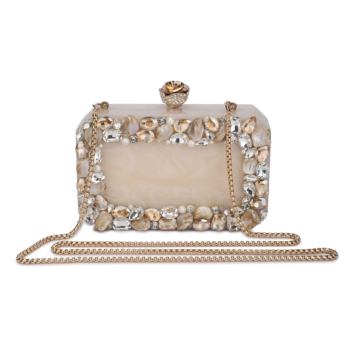 THIS RESIN-EMBELLISHED CLUTCH, FEATURING A DELICATE ROSE KNOB, A STURDY SLING, AND AN EXTRA POCKET FOR ADDED CONVENIENCE.