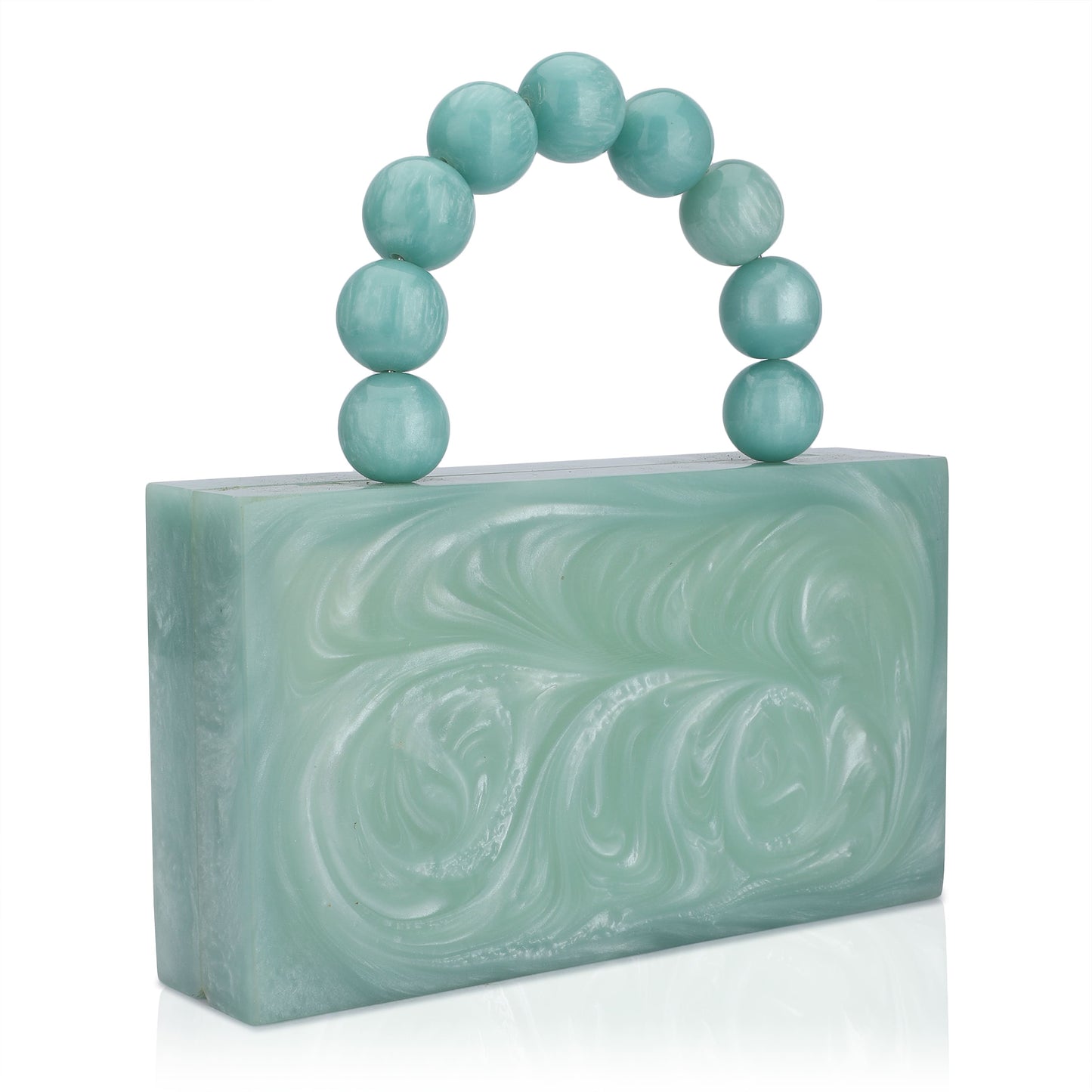 THIS GREEN RESIN CLUTCH FEATURES A SOFT VELVET ELASTIC LINING, A HEAVY-DUTY SLING FOR ADDED STYLE, AND AN EXTRA POCKET FOR CONVENIENT STORAGE.