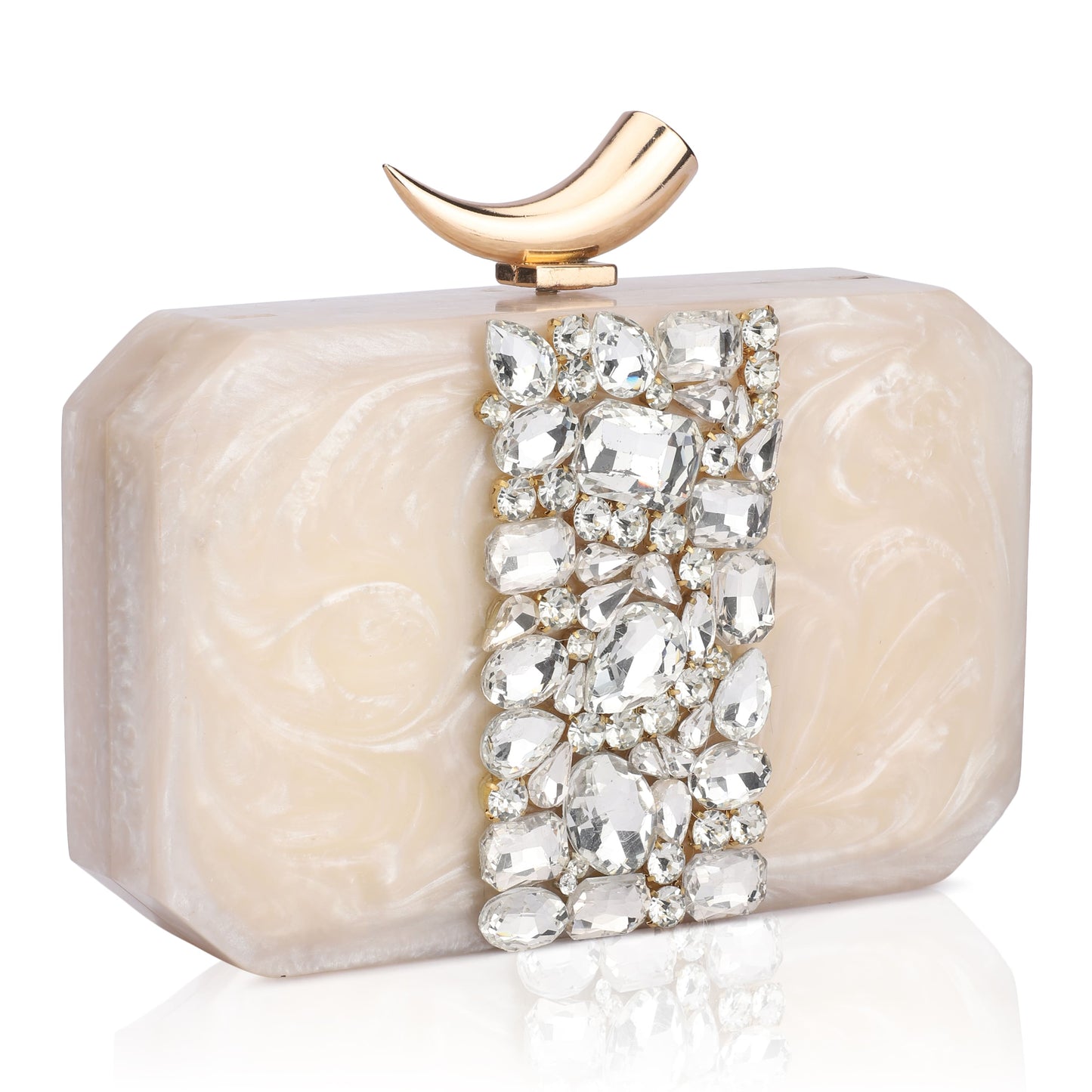 THIS CLUTCH FEATURING HEAVY STONE EMBELLISHMENTS, SOFT ELASTIC LINING, AND AN EXTRA POCKET FOR PRACTICAL STORAGE.