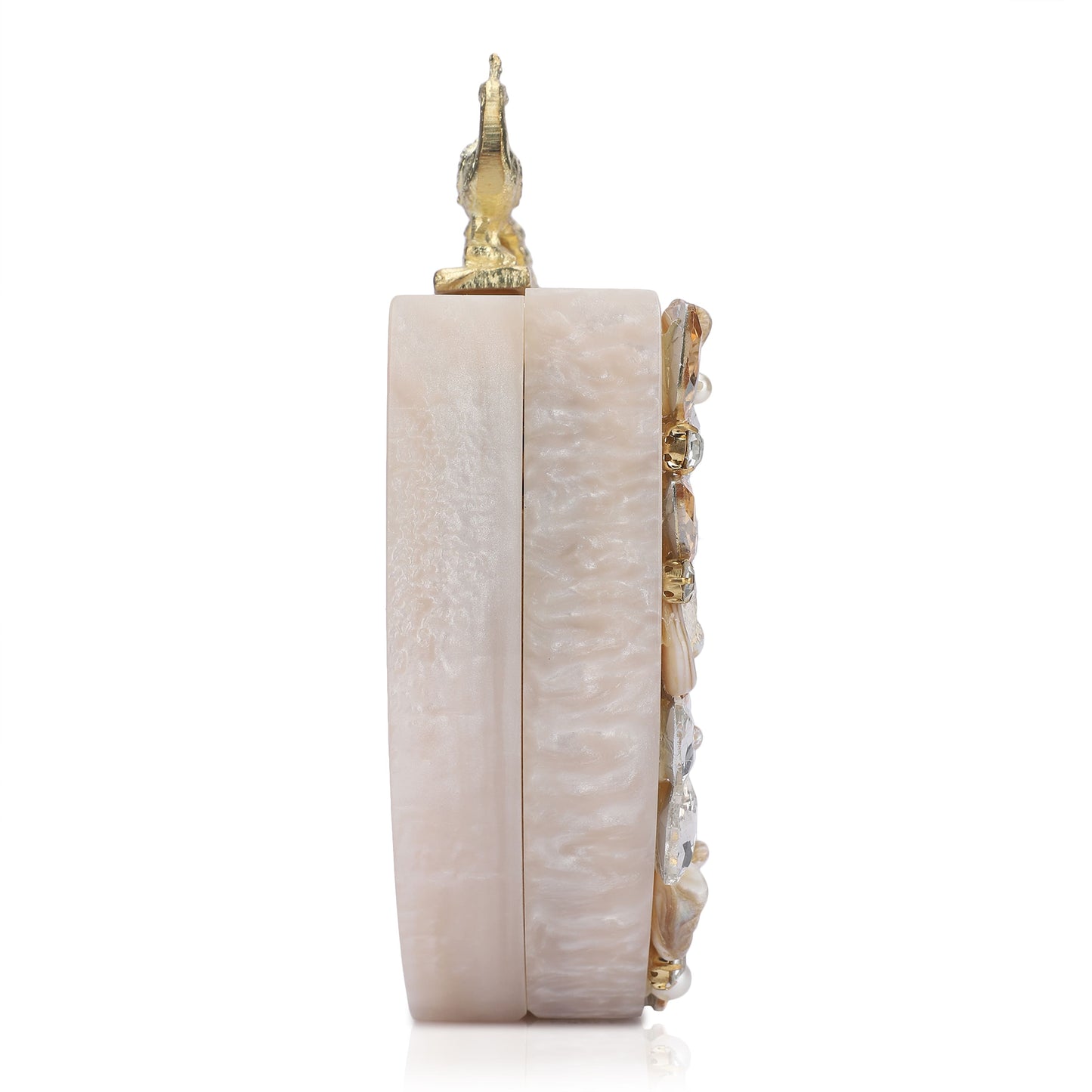 THIS ELEGANT CLUTCH FEATURING A SOPHISTICATED ROSE KNOB, SOFT ELASTIC LINING, AND A HEAVY SLING FOR ADDED CONVENIENCE.