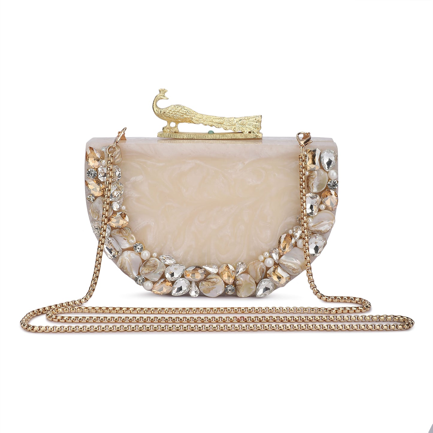 THIS ELEGANT CLUTCH FEATURING A SOPHISTICATED ROSE KNOB, SOFT ELASTIC LINING, AND A HEAVY SLING FOR ADDED CONVENIENCE.