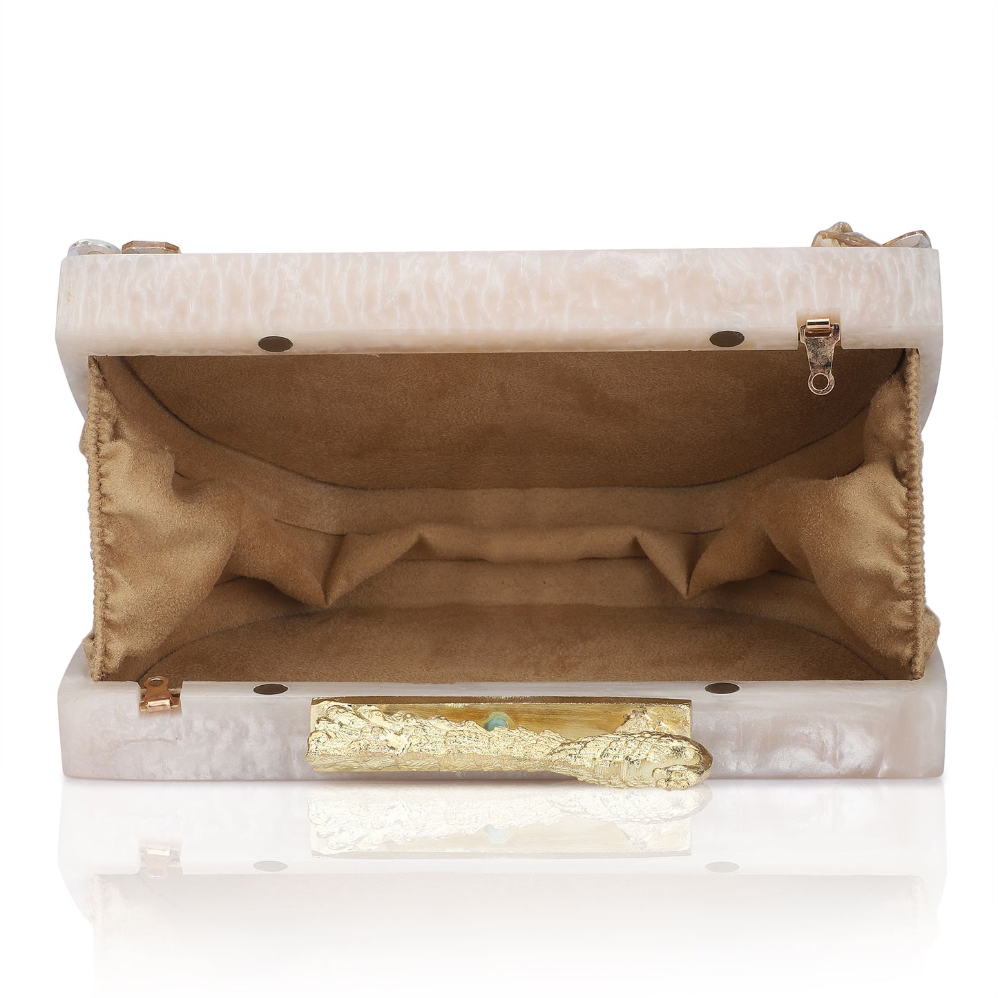 THIS ELEGANT CLUTCH FEATURING A SOPHISTICATED ROSE KNOB, SOFT ELASTIC LINING, AND A HEAVY SLING FOR ADDED CONVENIENCE.