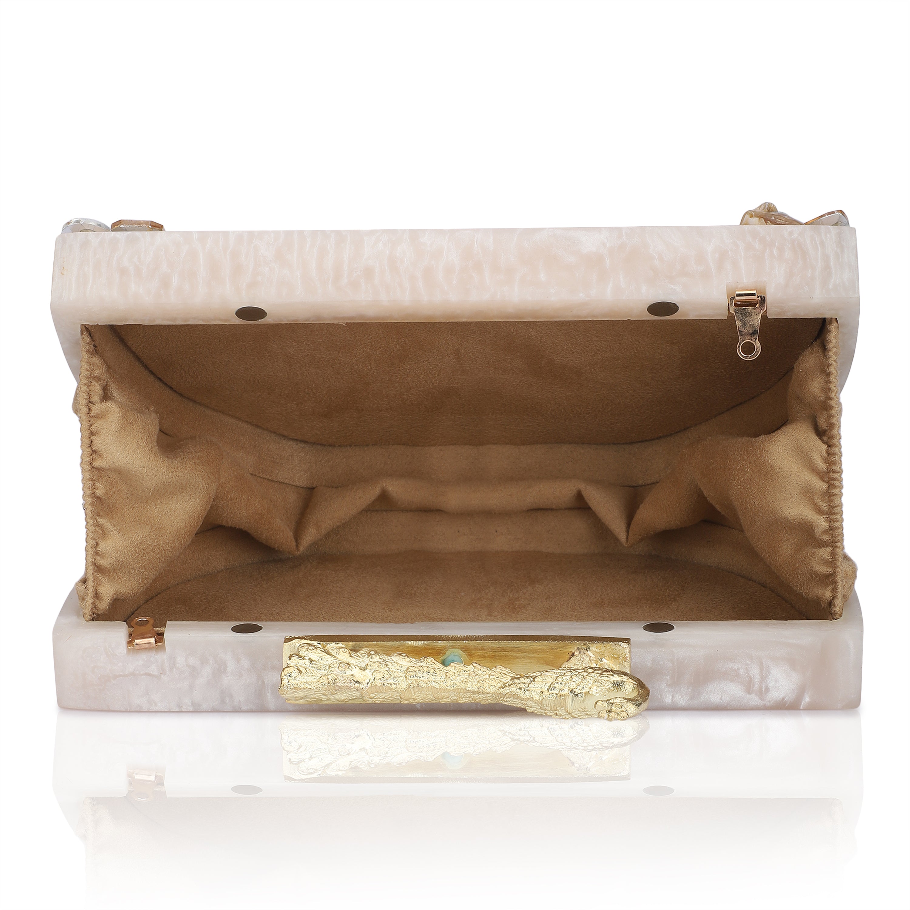 Salmon resin clutch with stone embellishments, soft lining, and extra pocket for storage.
