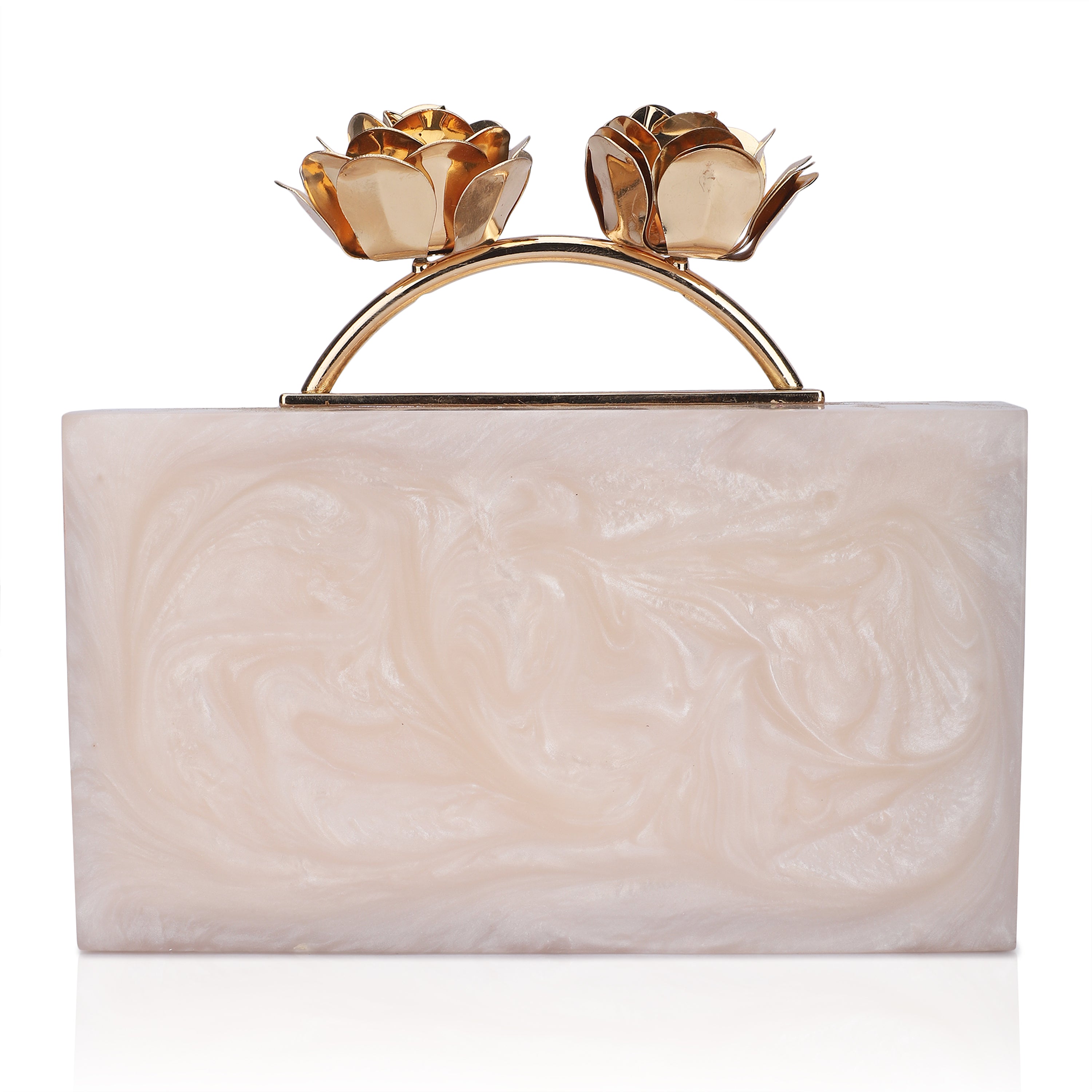 Elegant salmon resin clutch with rose knob, soft lining, and heavy sling for convenience.
