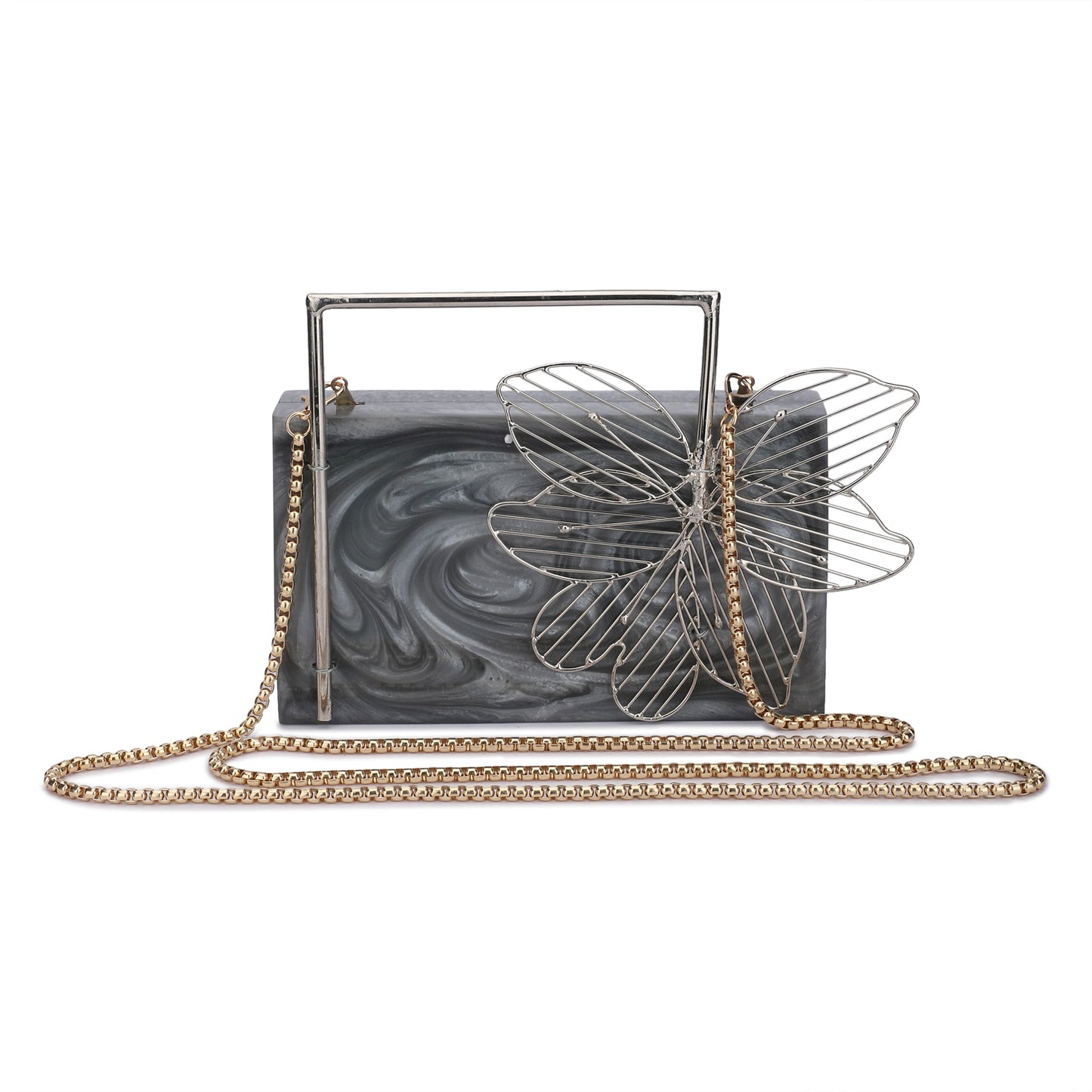 THIS EXCLUSIVE GREY CLUTCH, , A HEAVY SLING, AND SOFT ELASTIC LINING WITH AN EXTRA POCKET FOR ADDED CONVENIENCE.