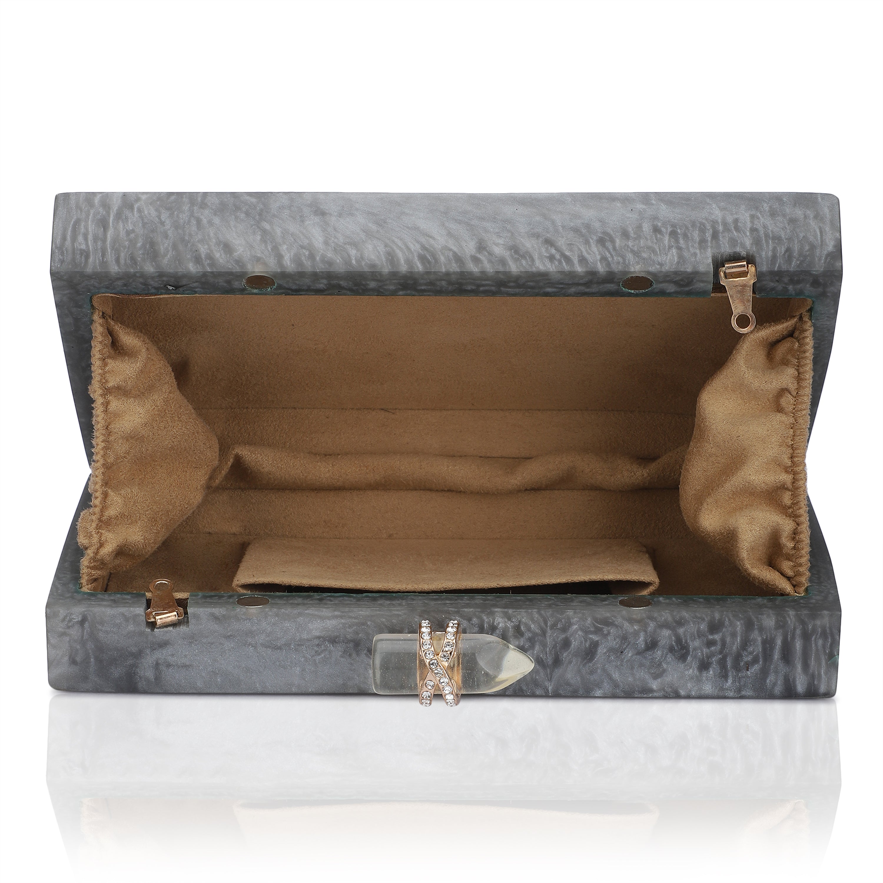 Exclusive grey resin clutch with heavy sling, soft elastic lining, and extra pocket for convenience.
