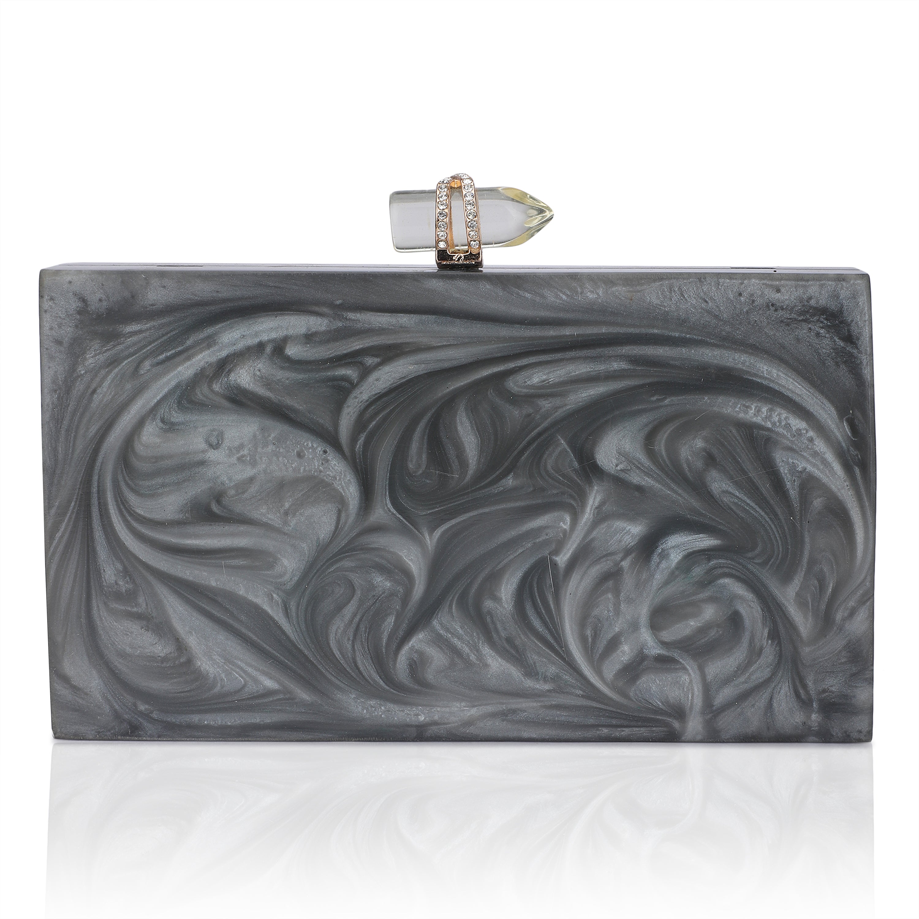 Exclusive grey resin clutch with heavy sling, soft elastic lining, and extra pocket for convenience.
