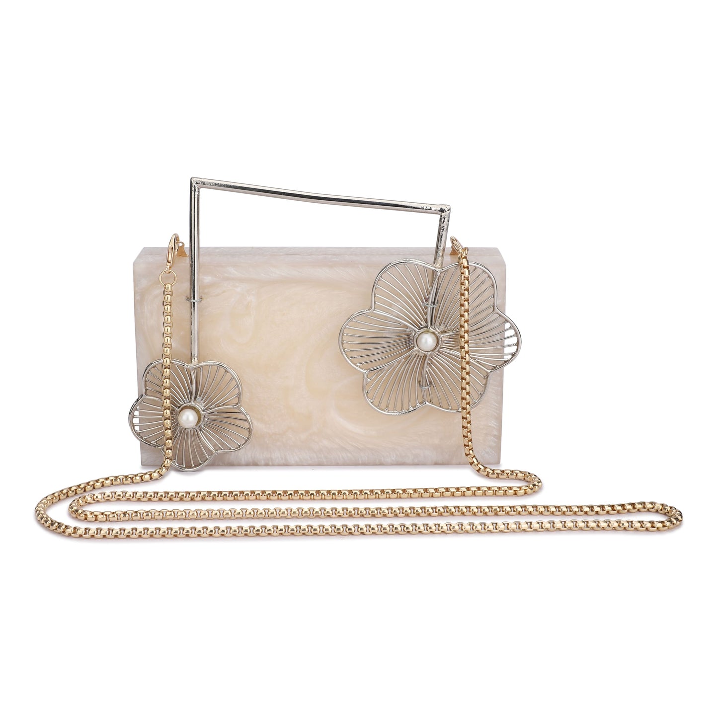 THIS EXCLUSIVE CLUTCH, FEATURING UNIQUE FLOWER HANDLES, A HEAVY SLING, AND SOFT ELASTIC LINING WITH AN EXTRA POCKET FOR ADDED CONVENIENCE.