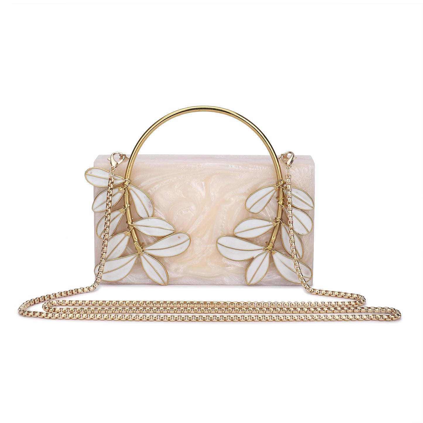 LEAF DESIGN CRAFTED RESIGN CLUTCH WITH GOLDTONE SLING CHAIN